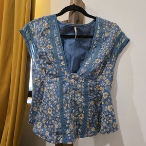 Free people Blue and Gold Floral Blouse